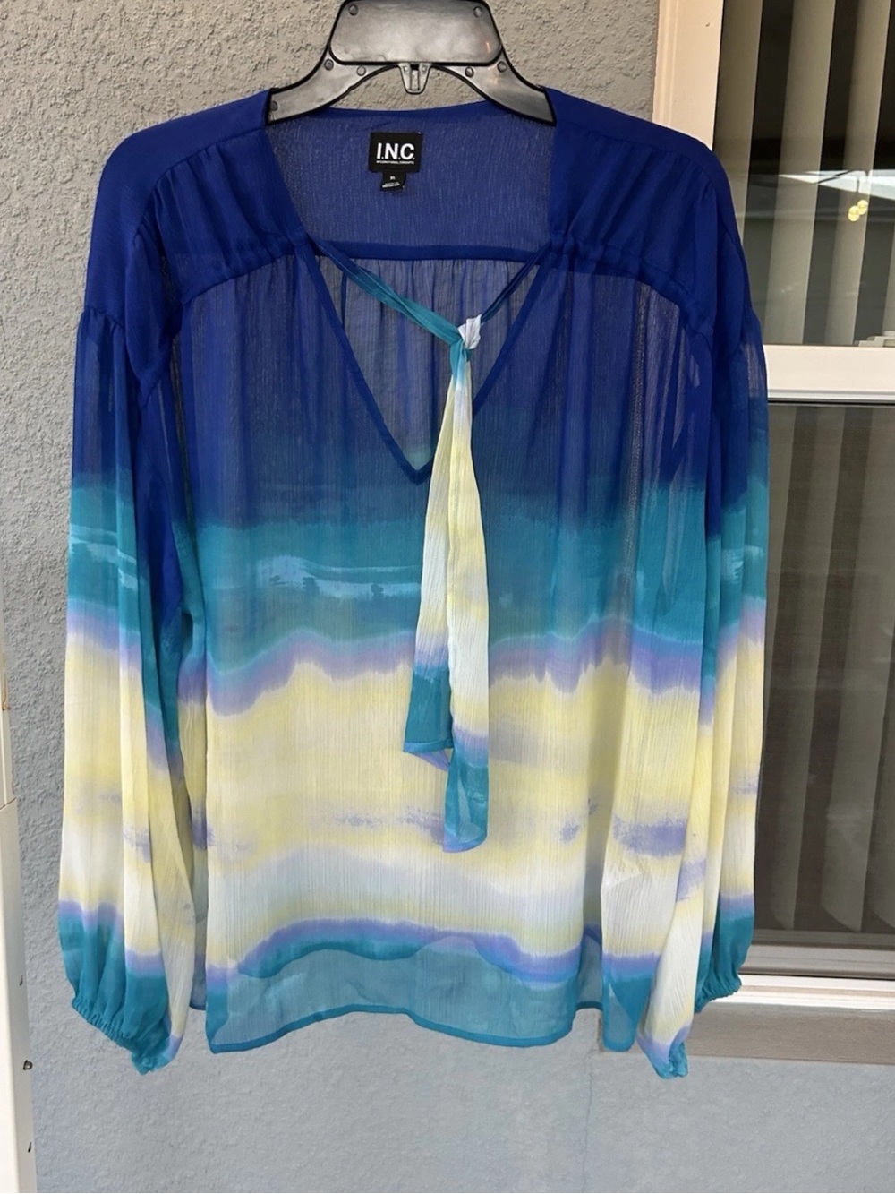 INC International Concepts Boho Ombre Tunic Blouse Sheer Tie Neck Top Size XL